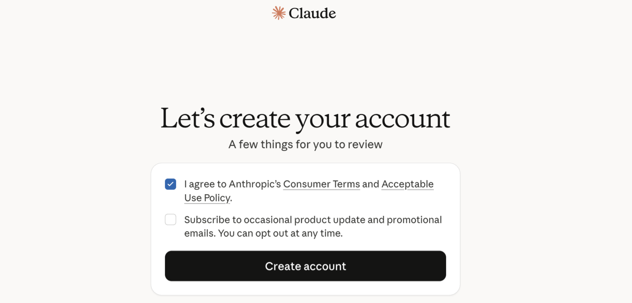 Claude: создание аккаунта, согласие с условиями, кнопка Create account