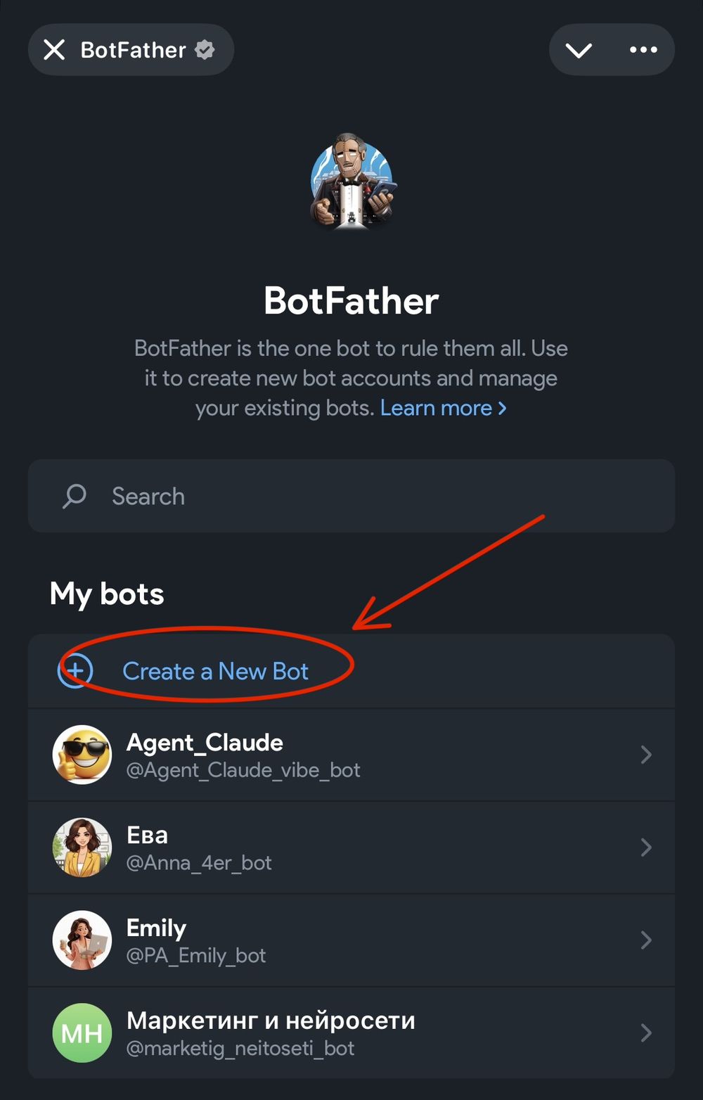 Мини-приложение BotFather: раздел My bots и кнопка Create a New Bot
